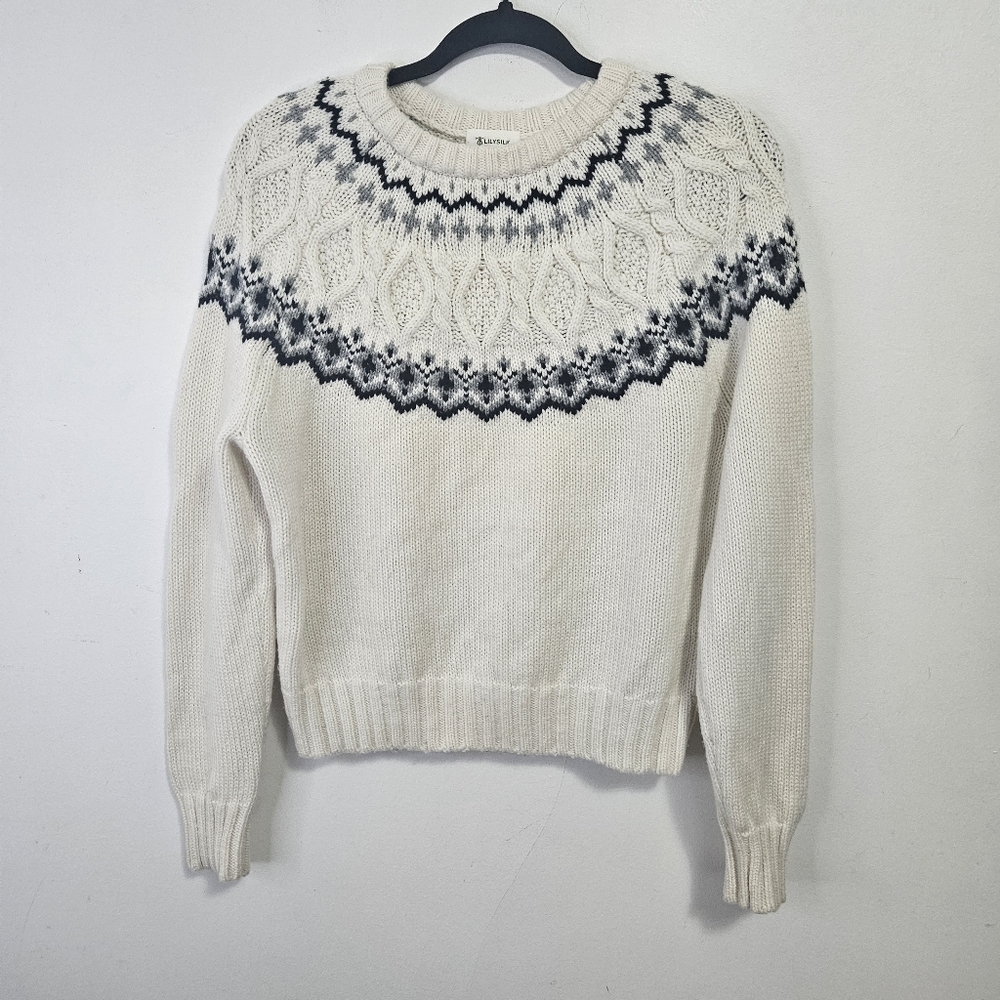 Lilysilk Fair Isle Crewneck Sweater XS  Wool Cashmere Off White Cable - Picture 3 of 12